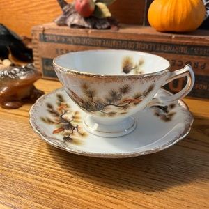 Vintage pine tree cone conifer Asian teacup saucer set